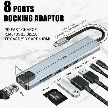 Hub Type‑C 8 trong 1 HDMI TF SD USB RJ45 cho MacBook Laptop Điện thoại - Giá 245.000₫