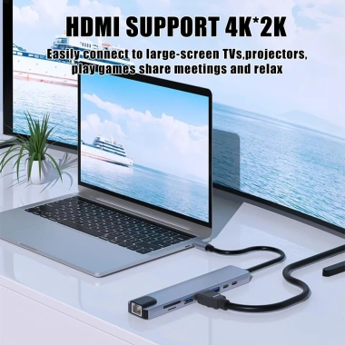 Hub Type‑C 8 trong 1 HDMI TF SD USB RJ45 cho MacBook Laptop Điện thoại - Giá 245.000₫
