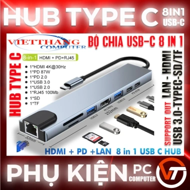 Hub TypeC USB-C 8 trong 1 HDMI RJ45 Ethernet USB 3.0 Đầu đọc TF PD - Siêu rẻ 249k