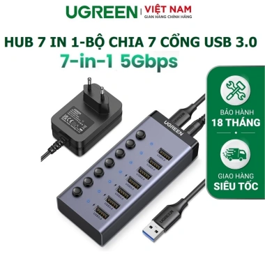 HUB USB 3.0 7 cổng vỏ nhôm có công tắc, kèm nguồn 12V2A - Ugreen 90.305, bảo hành 18 tháng, giảm giá 830.000 VND 10 HUB USB 3.0 7 cổng vỏ nhôm có công tắc, kèm nguồn 12V2A - Ugreen 90.305, bảo hành 18 tháng, giảm giá 830.000 VND 10