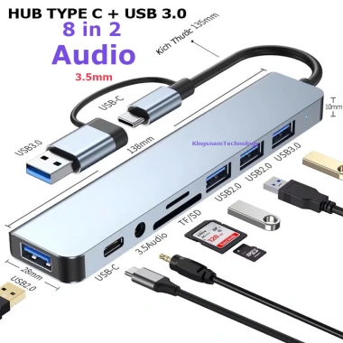 Hub USB 3.0 8 trong 2 (USB-A + Type-C) + OTG Audio, Docking, Đọc thẻ SD/TF - Giá chỉ 54.000đ