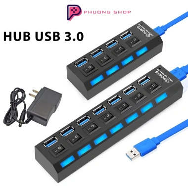 HUB USB 3.0 - Bộ chia 7 Cổng USB + 4 Cổng, Cáp Rời, Công Tắc, Đèn LED, Tặng Adapter 5V 1A