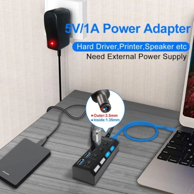 HUB USB 3.0 - Bộ chia 7 Cổng USB + 4 Cổng, Cáp Rời, Công Tắc, Đèn LED, Tặng Adapter 5V 1A