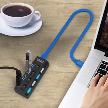 HUB USB 3.0 - Bộ chia 7 Cổng USB + 4 Cổng, Cáp Rời, Công Tắc, Đèn LED, Tặng Adapter 5V 1A