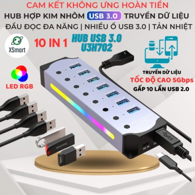 HUB USB 3.0 hợp kim nhôm U3H702 LED RGB cáp chuyển đổi 5Gbps giá 279.000₫ giảm tới 61.380₫