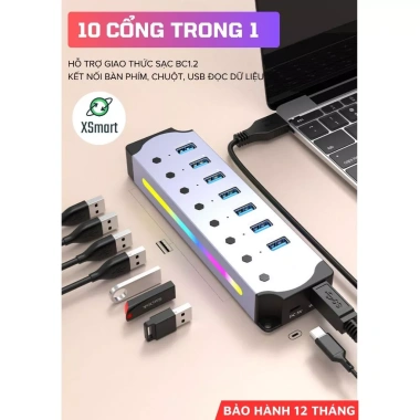HUB USB 3.0 hợp kim nhôm U3H702 LED RGB cáp chuyển đổi 5Gbps giá 279.000₫ giảm tới 61.380₫
