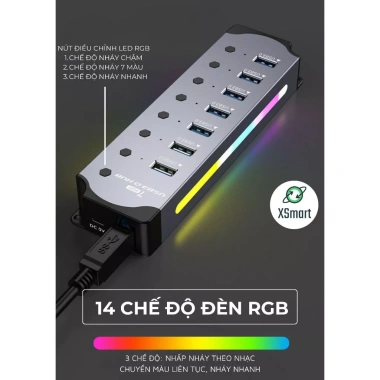 HUB USB 3.0 hợp kim nhôm U3H702 LED RGB cáp chuyển đổi 5Gbps giá 279.000₫ giảm tới 61.380₫