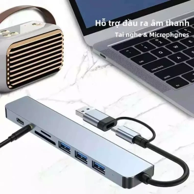 Hub USB 8 trong 2 với đầu đọc thẻ, cổng USB C, USB 3.0/2.0, tăng cường kết nối 8