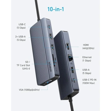 Hub USB-C Anker 10 trong 1 A83C2 - Dual-Display HDMI 4K@30Hz, VGA 1.080p, PD 100W, 5Gbps - Giá chỉ 990.000₫