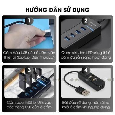 Hub USB Micofi 4 Cổng USB 3.0 5Gbps, Ổ Cắm Điện, Đèn LED - Giá 75.000 VND