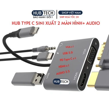 Hub USB Type C 5in1 HDMI 4K Dual màn hình và audio, chuyển đổi Type C cho Mac, laptop, điện thoại Giá 48.000