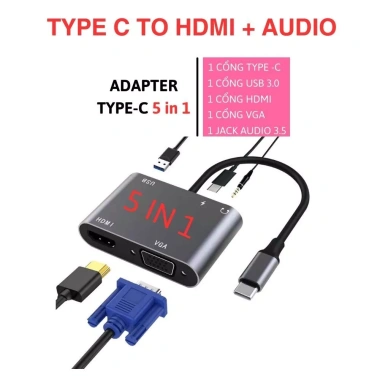 Hub USB Type C 5in1 HDMI 4K Dual màn hình và audio, chuyển đổi Type C cho Mac, laptop, điện thoại Giá 48.000