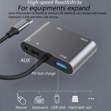 Hub USB Type C 5in1 HDMI 4K Dual màn hình và audio, chuyển đổi Type C cho Mac, laptop, điện thoại Giá 48.000