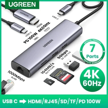 Hub USB Type-C 7 trong 1 Ugreen 90.568 HDMI 4K, USB 3.0, LAN Gigabit, SD/TF, sạc PD 100W