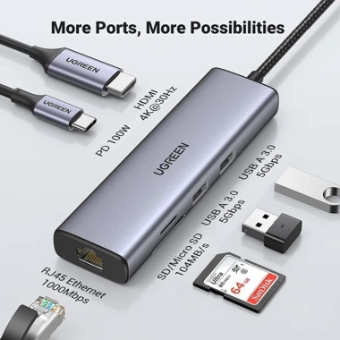 Hub USB Type-C 7 trong 1 Ugreen 90.568 HDMI 4K, USB 3.0, LAN Gigabit, SD/TF, sạc PD 100W
