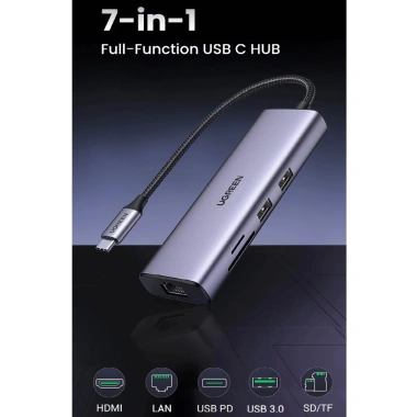 Hub USB Type-C 7 trong 1 Ugreen 90.568 HDMI 4K, USB 3.0, LAN Gigabit, SD/TF, sạc PD 100W