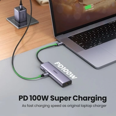 Hub USB Type-C 7 trong 1 Ugreen 90.568 HDMI 4K, USB 3.0, LAN Gigabit, SD/TF, sạc PD 100W