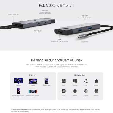 Hub USB Type-C TP-Link UH5.020C 5 Cổng - HDMI 4K 60Hz, Sạc Nhanh 100W, 519.000₫
