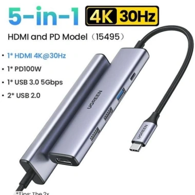 Hub USB Type-C UGREEN 5-in-1 4K HDMI 30Hz, Sạc nhanh PD 100W, USB 3.0/2.0 - 480.000₫