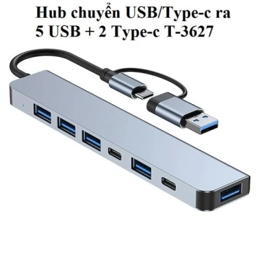 Hub USB/Type‑C T‑3.627: 5 USB + 2 Type‑C, 4 USB 3.0, Vỏ Nhôm Trắng – 75.707₫ 2