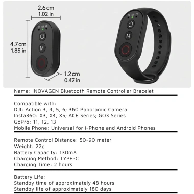 INOVAGEN Bluetooth cho DJI Osmo 360 & Insta360 Mini - Wristband, Sạc, Shutter 9