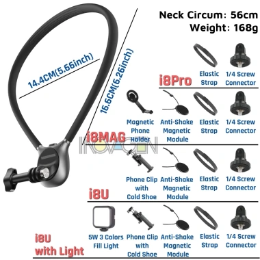 INOVAGEN Giá đỡ cổ từ tính mới - Chụp ảnh, chống rác, dây thun & ánh sáng cho GoPro, DJI, Insta360 - 437.470₫