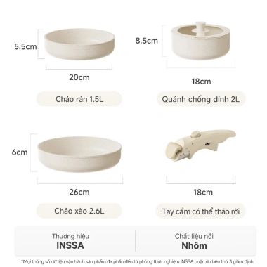 INSSA Bộ Nồi Chảo Chống Dính 3 Món Tay Cầm Tháo Rời 18-20-26cm GUOJ038 Bảo Hành 1 Năm Giá 923.899 VND 9