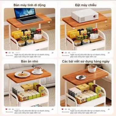 Kệ 3 tầng bánh xe kim loại mặt bàn gỗ MDF - Decor phòng khách, ngủ, bếp, 289k