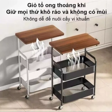 Kệ 3 tầng bánh xe kim loại mặt bàn gỗ MDF - Decor phòng khách, ngủ, bếp, 289k