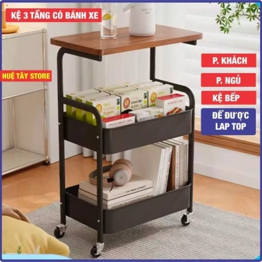 Kệ 3 tầng bánh xe kim loại mặt bàn gỗ MDF - Decor phòng khách, ngủ, bếp, 289k