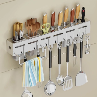 Kệ bếp đa năng inox Giá lưu trữ đồ dùng nhà bếp treo tường không đục lỗ gắn móc 2