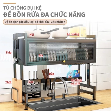 Kệ chén có nắp đậy đa năng thép cacbon: Kệ bếp thông minh, tiết kiệm không gian, giá chỉ 389.000₫