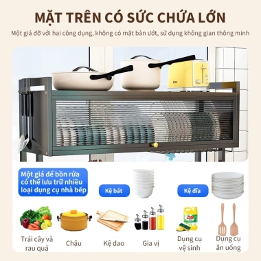 Kệ chén có nắp đậy đa năng thép cacbon: Kệ bếp thông minh, tiết kiệm không gian, giá chỉ 389.000₫