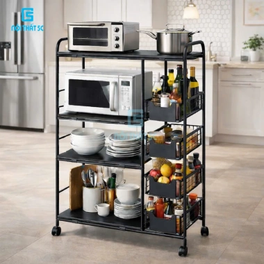 Kệ đa năng nhà bếp 3-4 tầng kép bánh xe thép carbon, kèm kệ vi sóng, gia vị, nồi chiên không dầu – giá 450.000₫