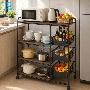 Kệ đa năng nhà bếp 3-4 tầng kép bánh xe thép carbon, kèm kệ vi sóng, gia vị, nồi chiên không dầu – giá 450.000₫