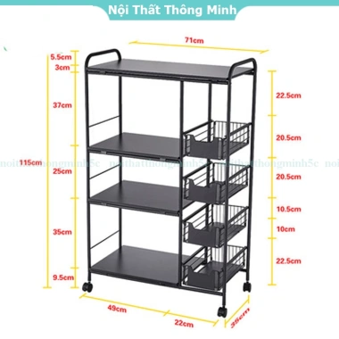 Kệ đa năng nhà bếp 3-4 tầng kép bánh xe thép carbon, kèm kệ vi sóng, gia vị, nồi chiên không dầu – giá 450.000₫