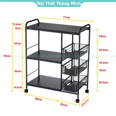Kệ đa năng nhà bếp 3-4 tầng kép bánh xe thép carbon, kèm kệ vi sóng, gia vị, nồi chiên không dầu – giá 450.000₫