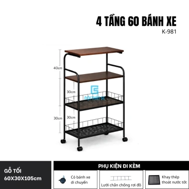 Kệ đa năng nhà bếp 3-4 tầng kép bánh xe thép carbon, kèm kệ vi sóng, gia vị, nồi chiên không dầu – giá 450.000₫