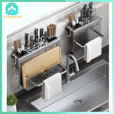 Kệ đa năng treo tường thép carbon dao thớt đũa muỗng thìa lắp 2 cách cho nhà bếp