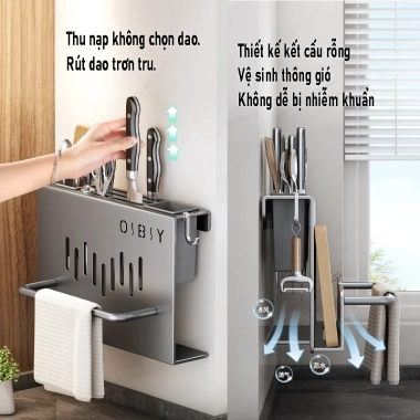 Kệ đa năng treo tường thép carbon dao thớt đũa muỗng thìa lắp 2 cách cho nhà bếp