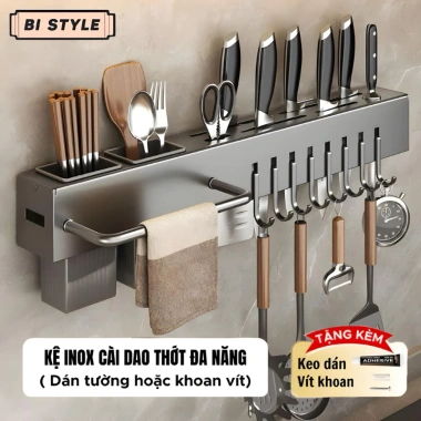 Kệ Dao Kéo Bistyle Gắn Tường, Kệ Bếp Đa Năng Ống Đũa Thìa và Móc Treo, Giá 95.000₫