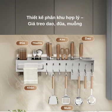 Kệ Dao Kéo Bistyle Gắn Tường, Kệ Bếp Đa Năng Ống Đũa Thìa và Móc Treo, Giá 95.000₫