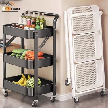 Kệ Đẩy Nhà Bếp Gấp Gọn 3 Tầng Thép Carbon, Rau Củ Trái Cây, Bánh Xe Di Chuyển, 133k
