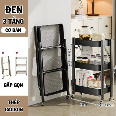 Kệ Đẩy Nhà Bếp Gấp Gọn 3 Tầng Thép Carbon, Rau Củ Trái Cây, Bánh Xe Di Chuyển, 133k