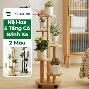 Kệ Để Chậu Hoa KORESMART 5 Tầng Gỗ Cao Cấp - Bánh Xe Di Chuyển, Giá Ưu Đãi 550k