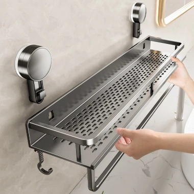 Kệ Đồ Nhà Tắm Hình Chữ Nhật Hút Chân Không Nhôm Cao Cấp Chống Gỉ, Kèm Thanh Treo - Giá 134.000₫