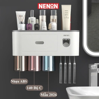 Kệ Đồ Nhà Tắm OENON 2.026 - Nhả Kem Đánh Răng Tự Động kèm Cốc và Miếng Dán