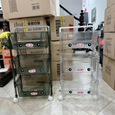 Kệ đựng đồ trong suốt 3 tầng hình chú heo, bánh xe đẩy đa năng, rẻ đẹp 350k
