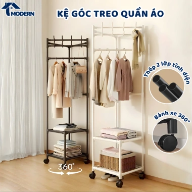 Kệ góc treo quần áo 360 bánh xe modern – giá phơi đồ, kệ giày đa năng, sơn tĩnh điện chống gỉ, giảm 18 phần trăm chỉ 112.000đ