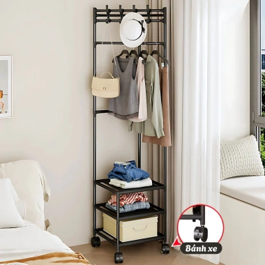 Kệ góc treo quần áo thông minh bánh xe 360° - Giá phơi đa năng, kệ giày thép sơn tĩnh điện, chỉ 109.000₫